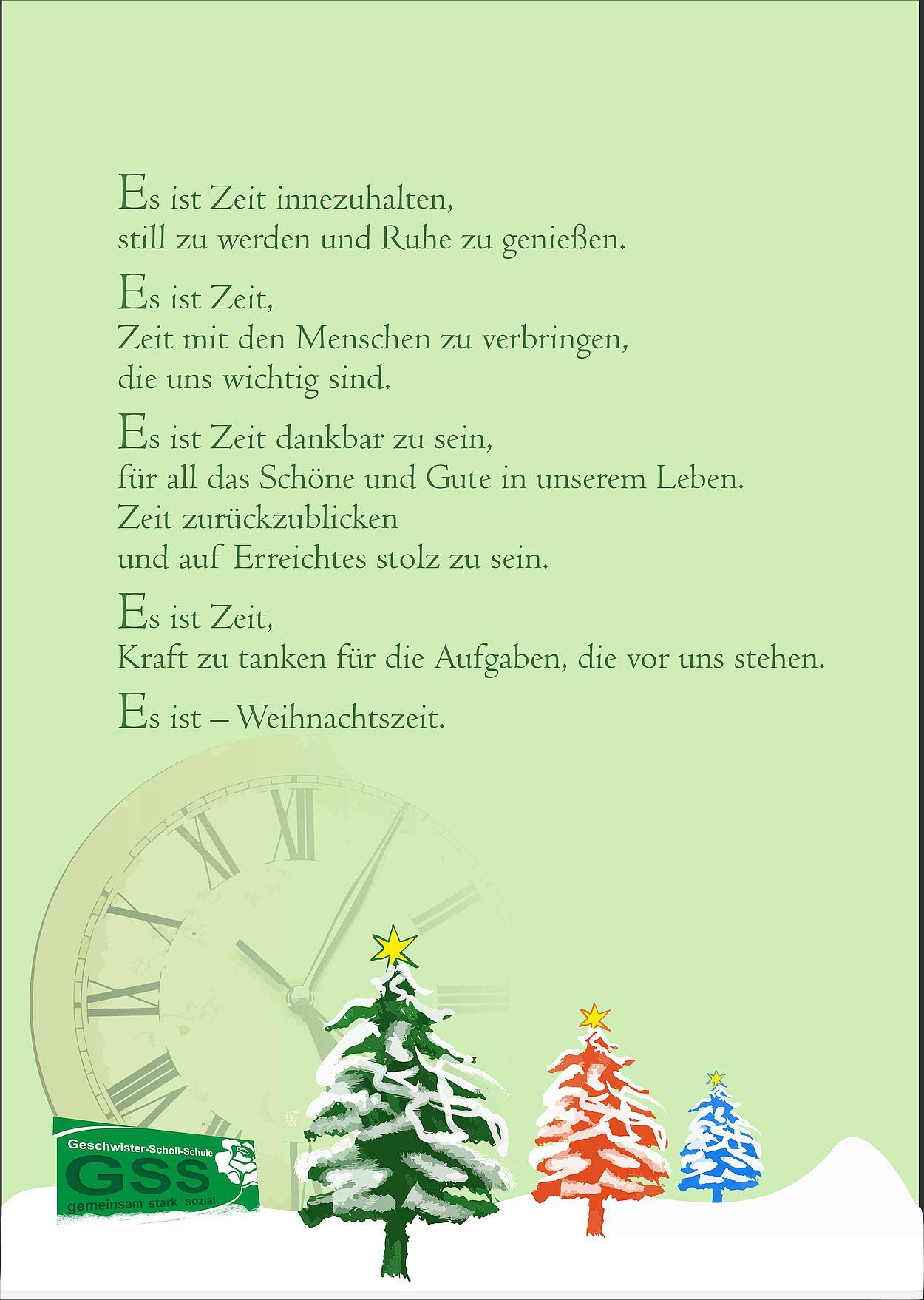 Die Weihnachtskarte mit Wünschen für eine schöne und entspannte Weihnachtszeit.